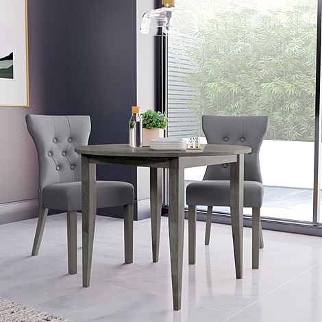 Finley Round Grey Wood Dining Table with 2 Bewley Grey Leather Dining Chairs