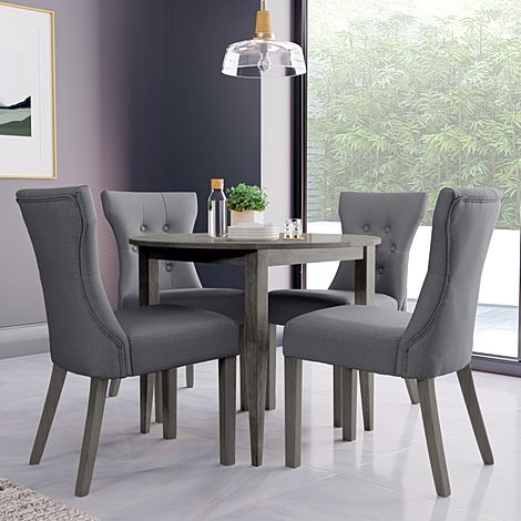 Finley Round Grey Wood Dining Table with 4 Bewley Grey Leather Dining Chairs