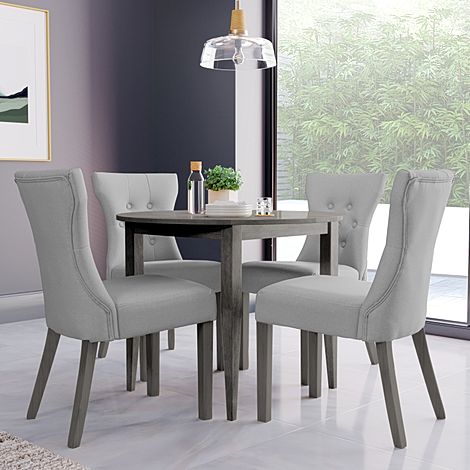 Finley Round Grey Wood Dining Table with 4 Bewley Light Grey Leather Dining Chairs