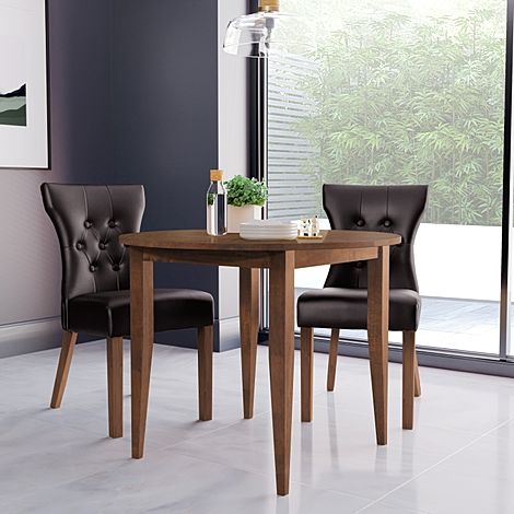 Finley Round Dark Wood Dining Table with 2 Bewley Brown Leather Dining Chairs
