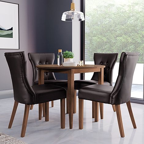 Finley Round Dark Wood Dining Table with 4 Bewley Brown Leather Dining Chairs