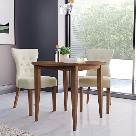 Finley Round Dark Wood Dining Table with 2 Bewley Ivory Leather Dining Chairs