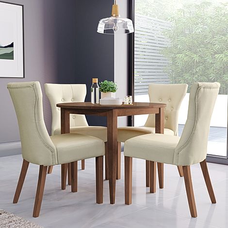 Finley Round Dark Wood Dining Table with 4 Bewley Ivory Leather Dining Chairs