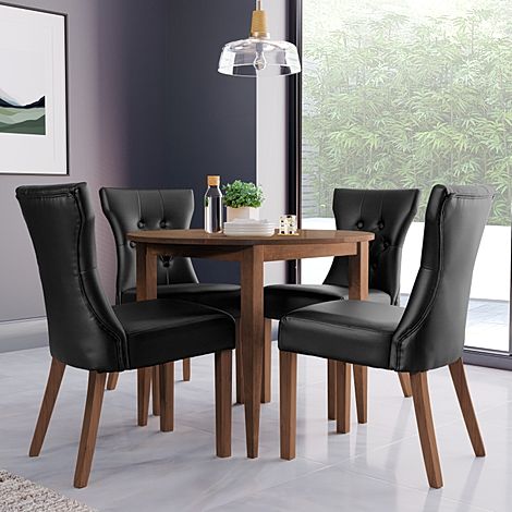Finley Round Dark Wood Dining Table with 4 Bewley Black Leather Dining Chairs