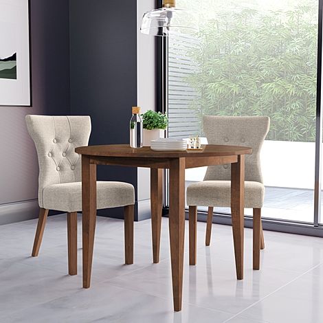 Finley Round Dark Wood Dining Table with 2 Bewley Oatmeal Fabric Dining Chairs