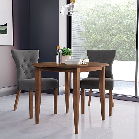 Finley Round Dark Wood Dining Table with 2 Bewley Slate Fabric Dining Chairs