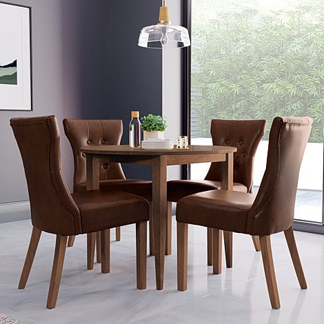 Finley Round Dark Wood Dining Table with 4 Bewley Club Brown Leather Dining Chairs