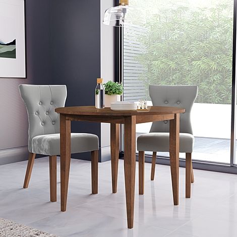 Finley Round Dark Wood Dining Table with 2 Bewley Grey Velvet Dining Chairs