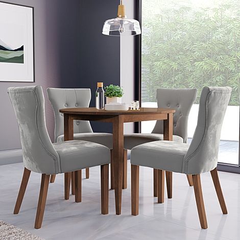 Finley Round Dark Wood Dining Table with 4 Bewley Grey Velvet Dining Chairs