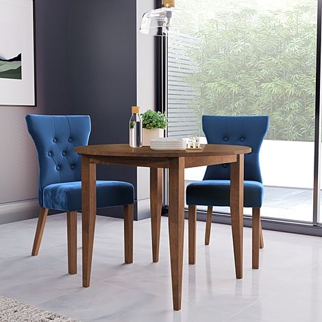 Finley Round Dark Wood Dining Table with 2 Bewley Blue Velvet Dining Chairs