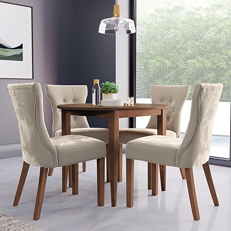 Finley Round Dark Wood Dining Table with 4 Bewley Mink Velvet Dining Chairs