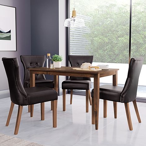 Finley Dark Wood Dining Table with 4 Bewley Brown Leather Dining Chairs