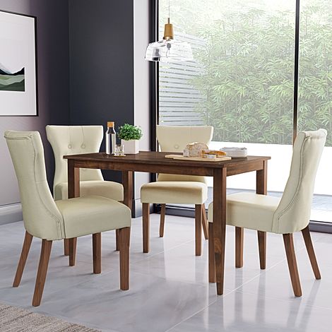 Finley Dark Wood Dining Table with 4 Bewley Ivory Leather Dining Chairs