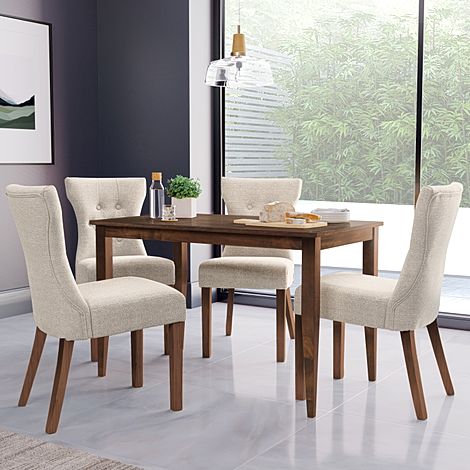 Finley Dark Wood Dining Table with 4 Bewley Oatmeal Fabric Dining Chairs
