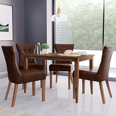 Finley Dark Wood Dining Table with 4 Bewley Club Brown Leather Dining Chairs