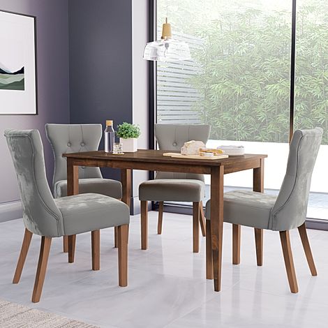 Finley Dark Wood Dining Table with 4 Bewley Grey Velvet Dining Chairs