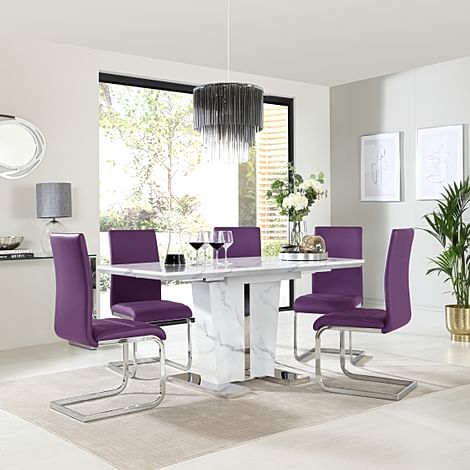 Vienna White Marble Extending Dining Table with 6 Perth Purple Leather Chairs