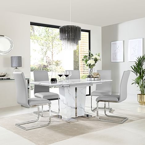 Vienna Extending Dining Table & 4 Perth Chairs, White Marble Effect, Light Grey Classic Faux Leather & Chrome, 120-160cm