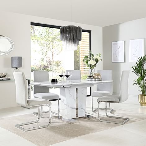 Vienna Extending Dining Table & 6 Perth Chairs, White Marble Effect, Dove Grey Classic Plush Fabric & Chrome, 120-160cm