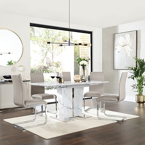 Vienna White Marble Extending Dining Table with 6 Perth Stone Grey Leather Chairs