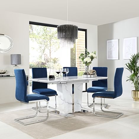 Vienna Extending Dining Table & 6 Perth Chairs, White Marble Effect, Blue Classic Velvet & Chrome, 120-160cm