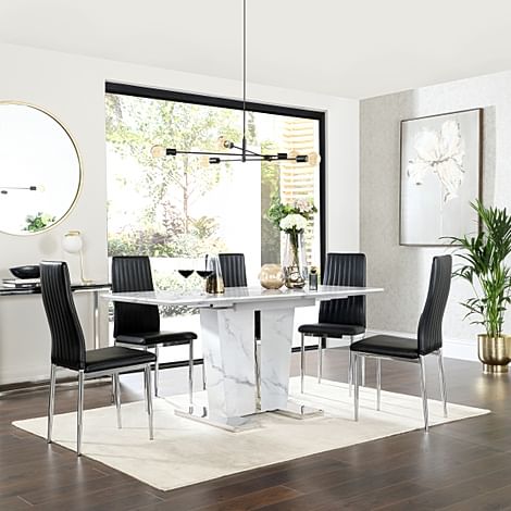 Vienna Extending Dining Table & 4 Leon Chairs, White Marble Effect, Black Classic Faux Leather & Chrome, 120-160cm