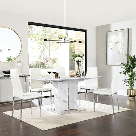 Vienna Extending Dining Table & 6 Leon Chairs, White Marble Effect, White Classic Faux Leather & Chrome, 120-160cm