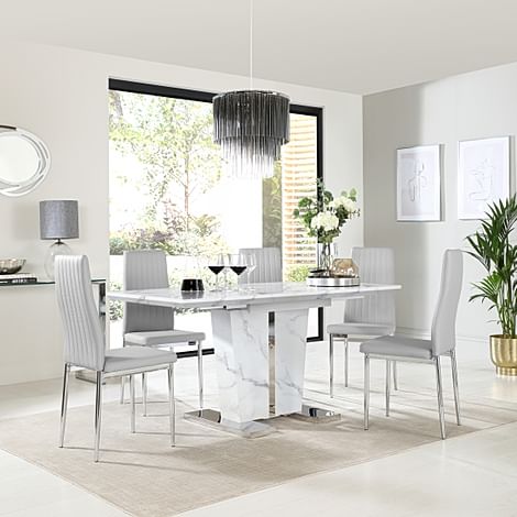 Vienna Extending Dining Table & 6 Leon Chairs, White Marble Effect, Light Grey Classic Faux Leather & Chrome, 120-160cm