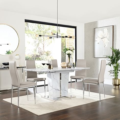 Vienna Extending Dining Table & 6 Leon Chairs, White Marble Effect, Stone Grey Classic Faux Leather & Chrome, 120-160cm