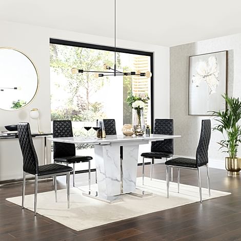 Vienna Extending Dining Table & 4 Renzo Chairs, White Marble Effect, Black Classic Faux Leather & Chrome, 120-160cm