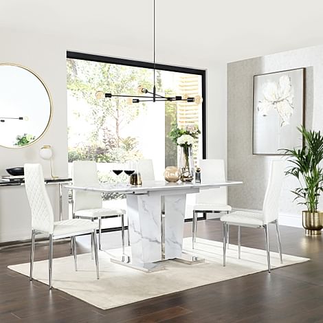 Vienna White Marble Extending Dining Table with 4 Renzo White Leather Chairs