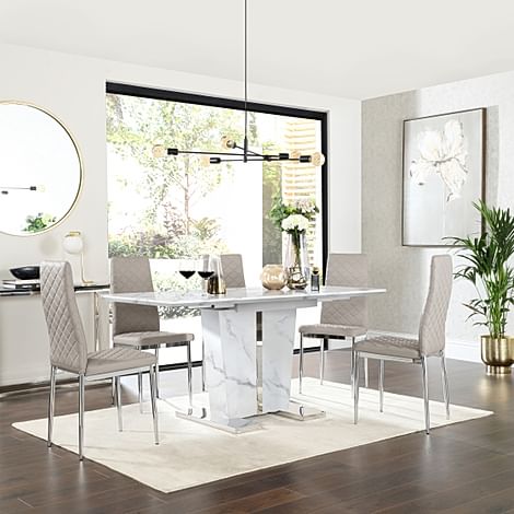 Vienna Extending Dining Table & 4 Renzo Chairs, White Marble Effect, Stone Grey Classic Faux Leather & Chrome, 120-160cm