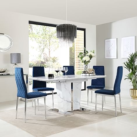 Vienna White Marble Extending Dining Table with 4 Renzo Blue Velvet Chairs
