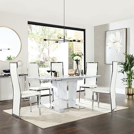 Vienna White Marble Extending Dining Table with 6 Celeste White Leather Chairs