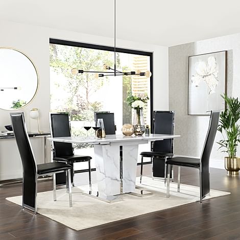 Vienna White Marble Extending Dining Table with 4 Celeste Black Leather Chairs
