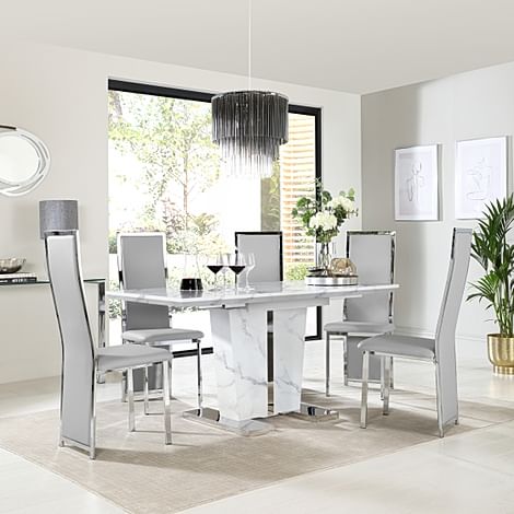Vienna Extending Dining Table & 4 Celeste Chairs, White Marble Effect, Light Grey Classic Faux Leather & Chrome, 120-160cm