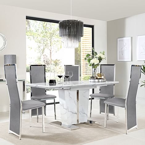 Vienna Extending Dining Table & 4 Celeste Chairs, White Marble Effect, Grey Classic Velvet & Chrome, 120-160cm