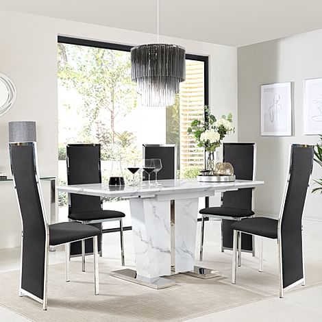Vienna White Marble Extending Dining Table with 6 Celeste Black Velvet Chairs