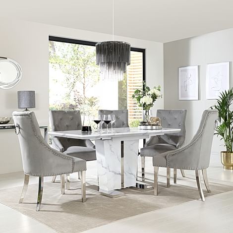 Vienna Extending Dining Table & 4 Imperial Chairs, White Marble Effect, Grey Classic Velvet & Chrome, 120-160cm