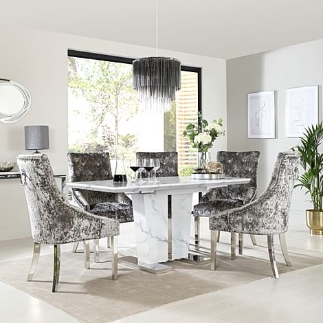 Vienna White Marble Extending Dining Table with 4 Imperial Silver Velvet Dining Chairs