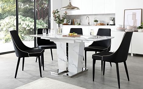 Vienna White Marble Extending Dining Table with 6 Modena Black Fabric Chairs