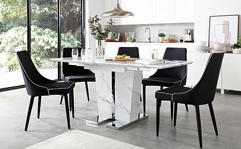 Vienna Extending Dining Table & 6 Modena Chairs, White Marble Effect, Black Classic Linen-Weave Fabric, 120-160cm