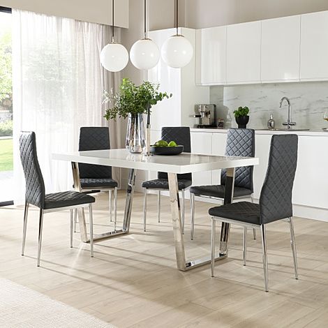 Milento Dining Table & 6 Renzo Chairs, White High Gloss & Chrome, Grey Classic Faux Leather, 150cm