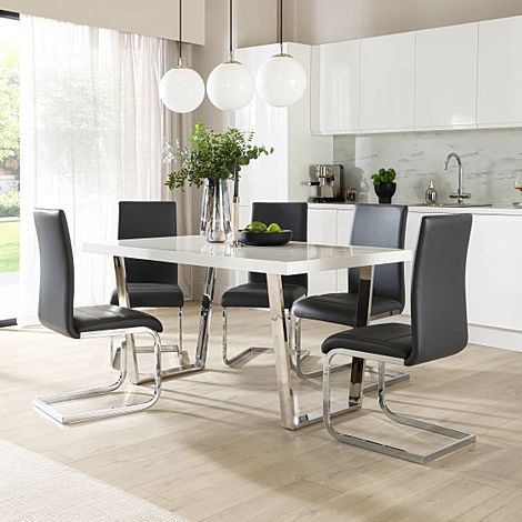 Milento Dining Table & 6 Perth Chairs, White High Gloss & Chrome, Grey Classic Faux Leather, 150cm