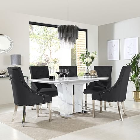Vienna White Marble Extending Dining Table with 4 Imperial Black Velvet Dining Chairs