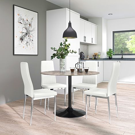 Orbit Round Concrete Dining Table with 4 Leon White Leather Chairs