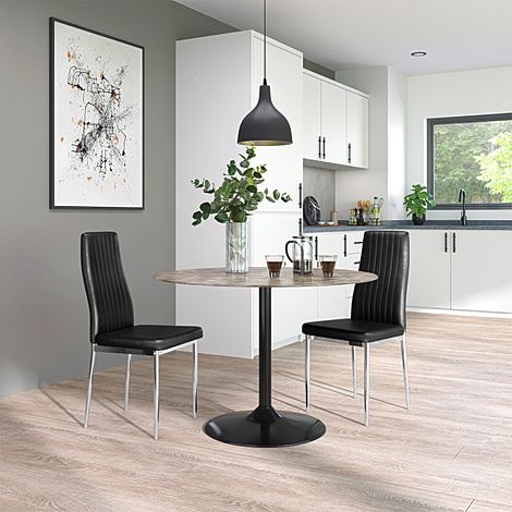 Orbit Round Concrete Dining Table with 2 Leon Black Leather Chairs