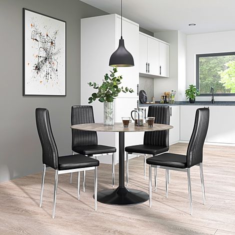 Orbit Round Concrete Dining Table with 4 Leon Black Leather Chairs