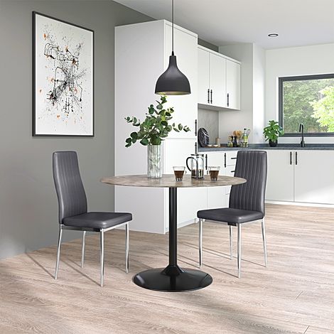 Orbit Round Concrete Dining Table with 2 Leon Grey Leather Chairs