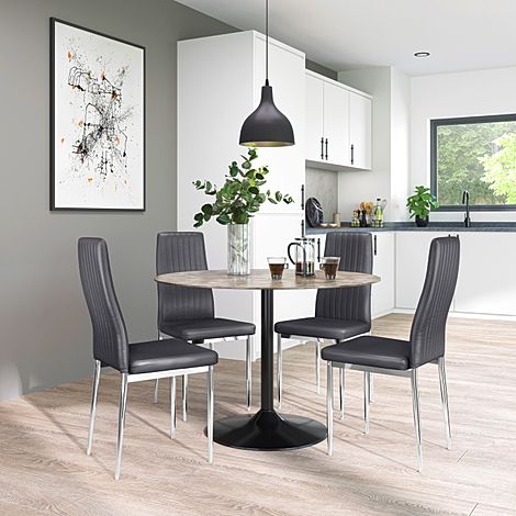 Orbit Round Concrete Dining Table with 4 Leon Grey Leather Chairs